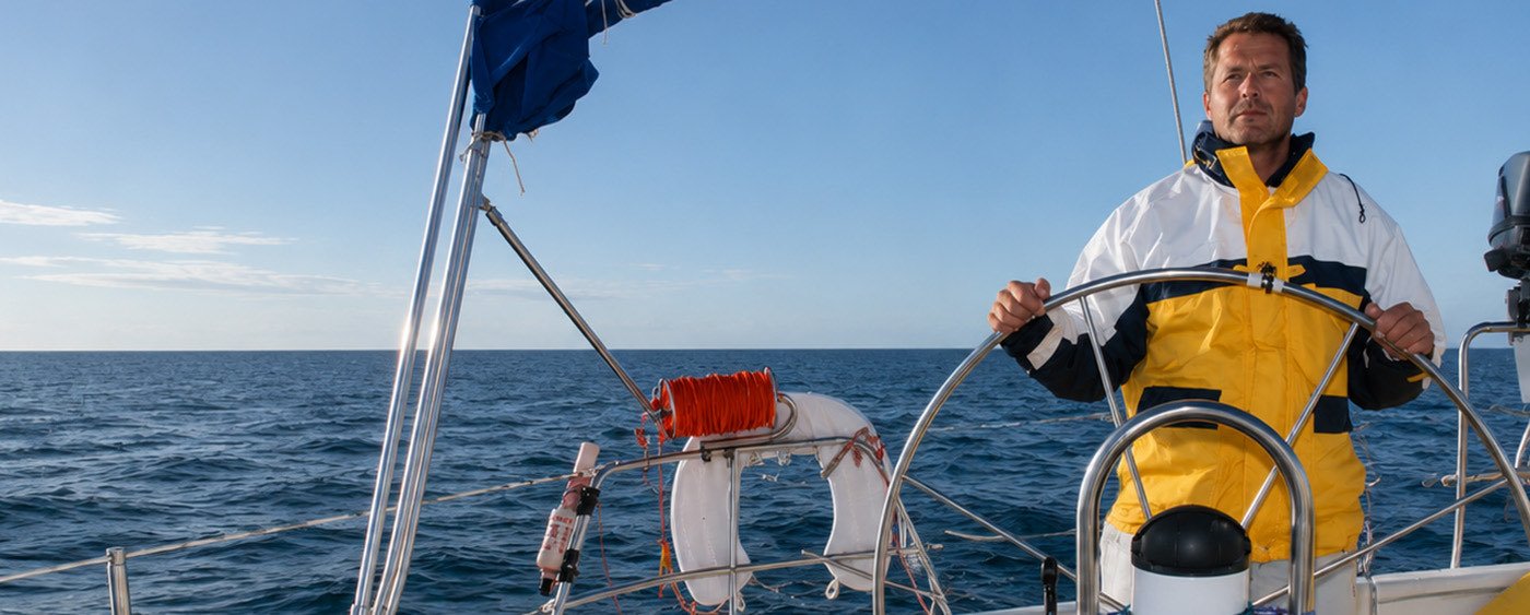 Navismare skipper at the helm during a yacht delivery
