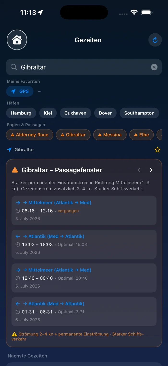 YachtLog Gezeiten – Passagefenster Gibraltar mit Strömungsangaben
