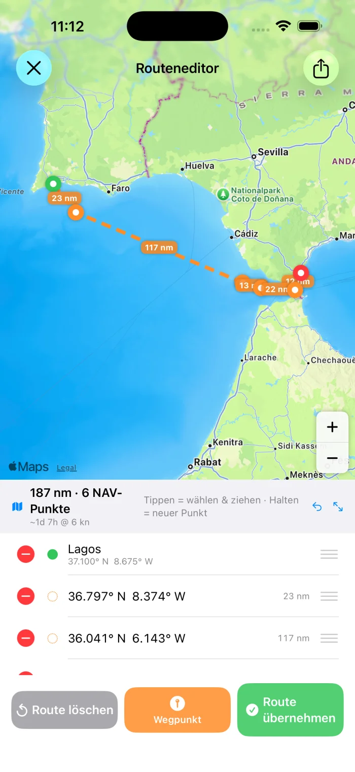 YachtLog Routeneditor – Wegpunkte setzen, Lagos bis Gibraltar