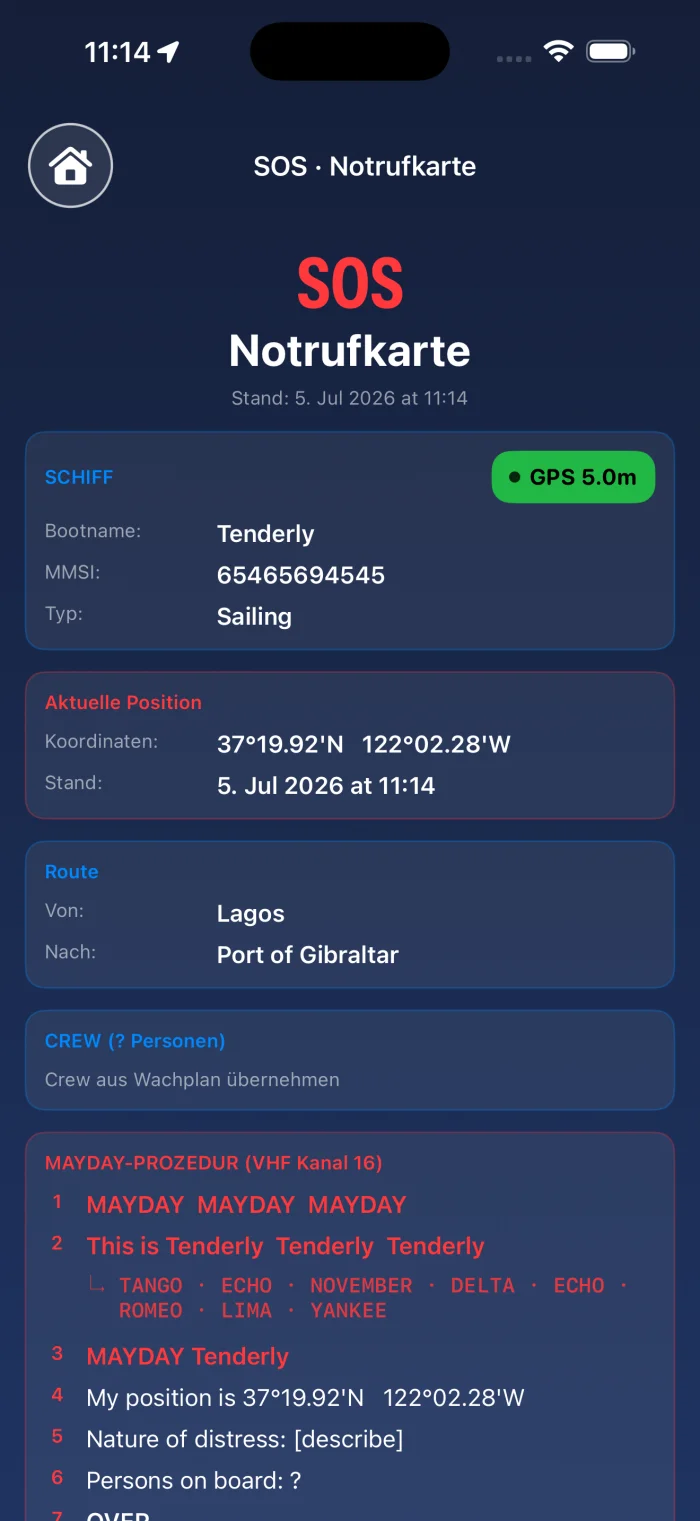 YachtLog SOS Notrufkarte – MAYDAY-Prozedur mit GPS-Position und Crewliste