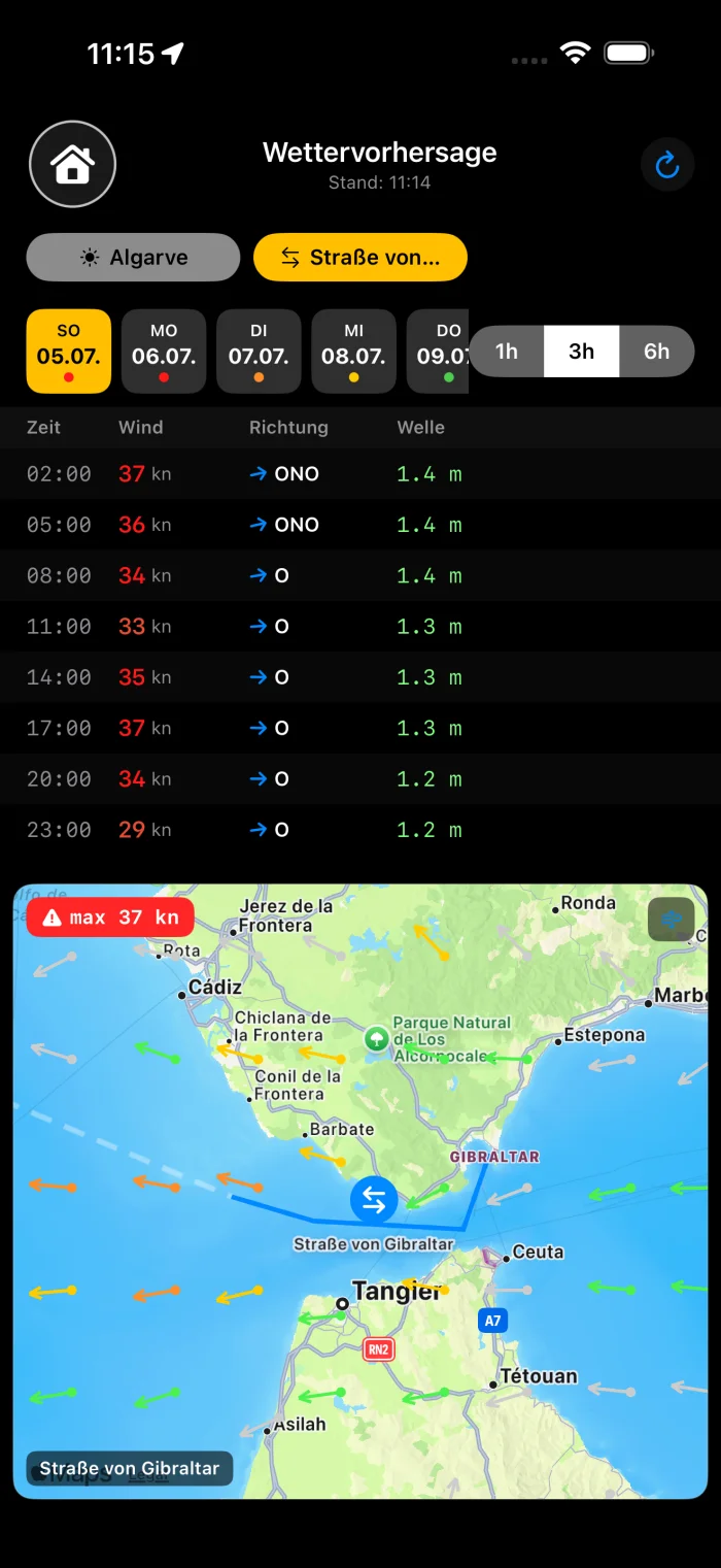 YachtLog Wettervorhersage – GRIB-Windpfeile, Sturmwarnung Straße von Gibraltar