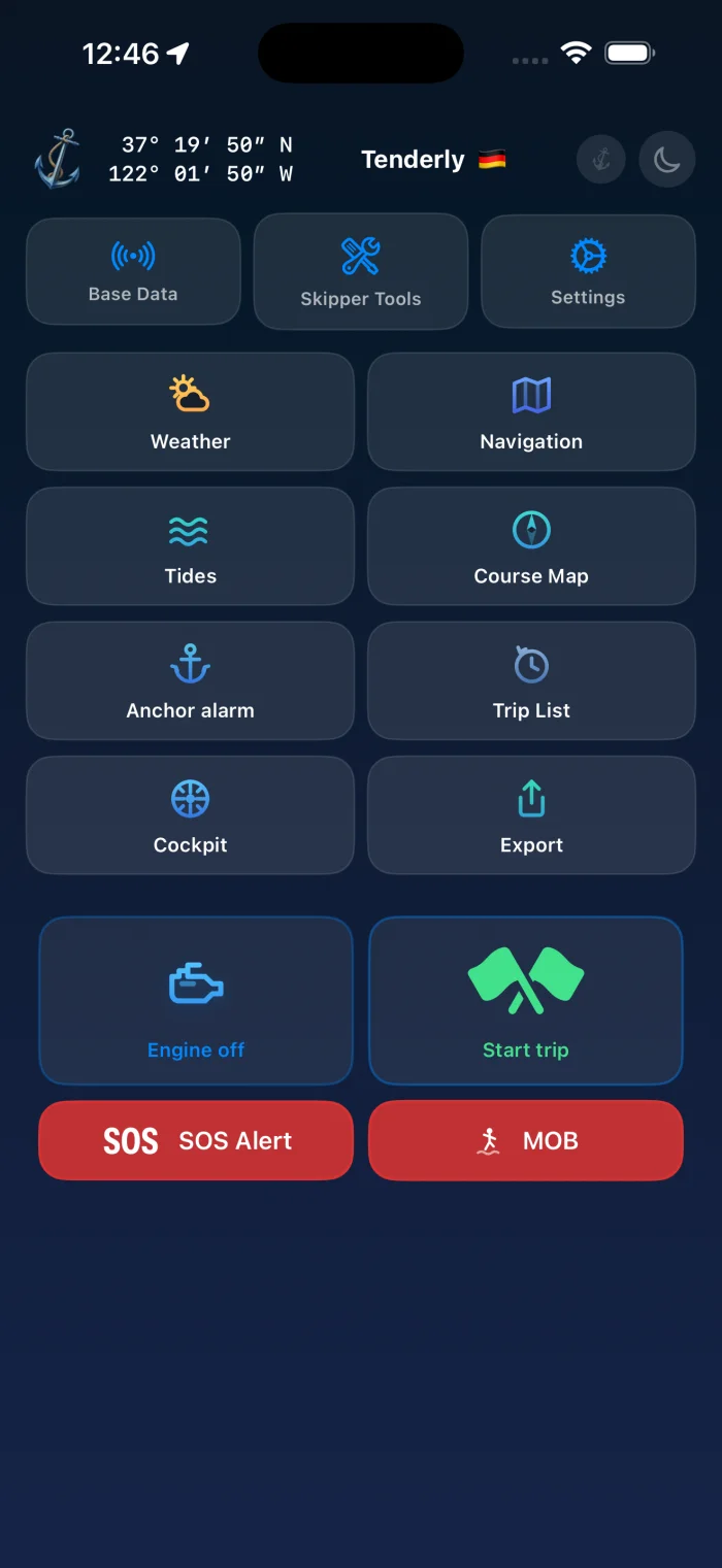 YachtLog Dashboard – yacht, GPS position, all functions at a glance