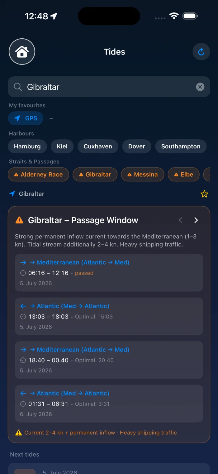 YachtLog Tides – Gibraltar passage window with tidal stream data