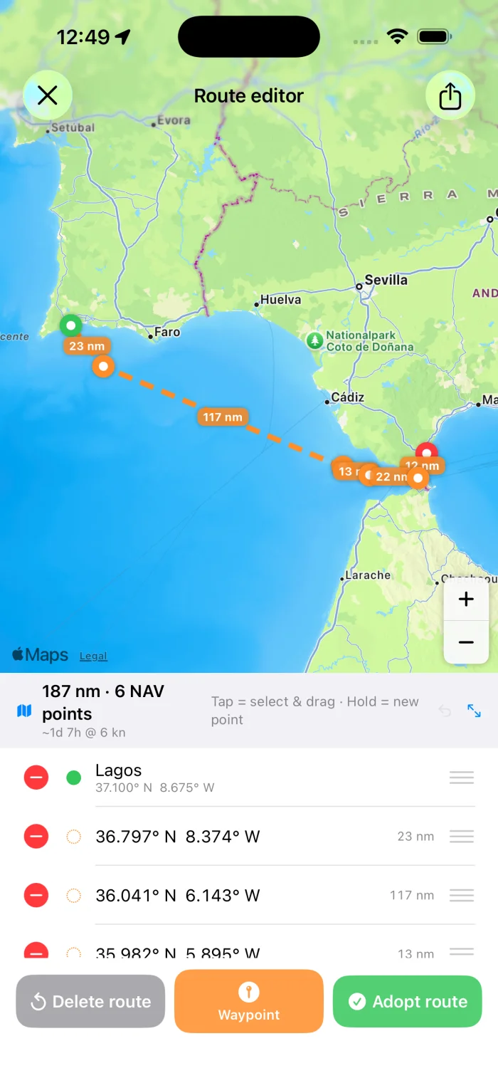 YachtLog Route Editor – set waypoints, Lagos to Gibraltar