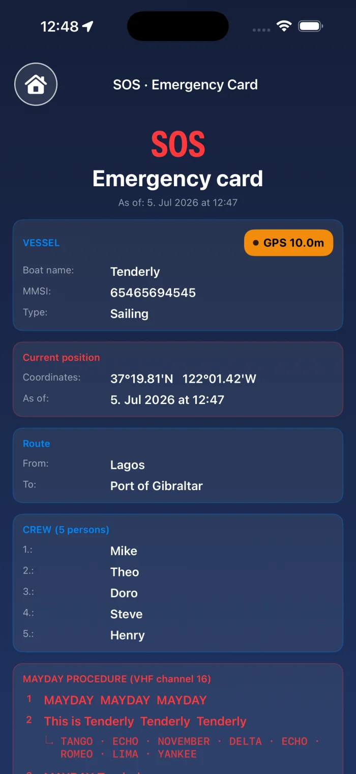YachtLog SOS Emergency Card – MAYDAY procedure with GPS position and crew list