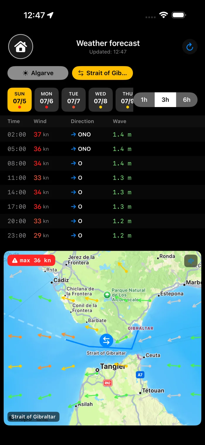 YachtLog Weather forecast – GRIB wind arrows, storm warning Strait of Gibraltar