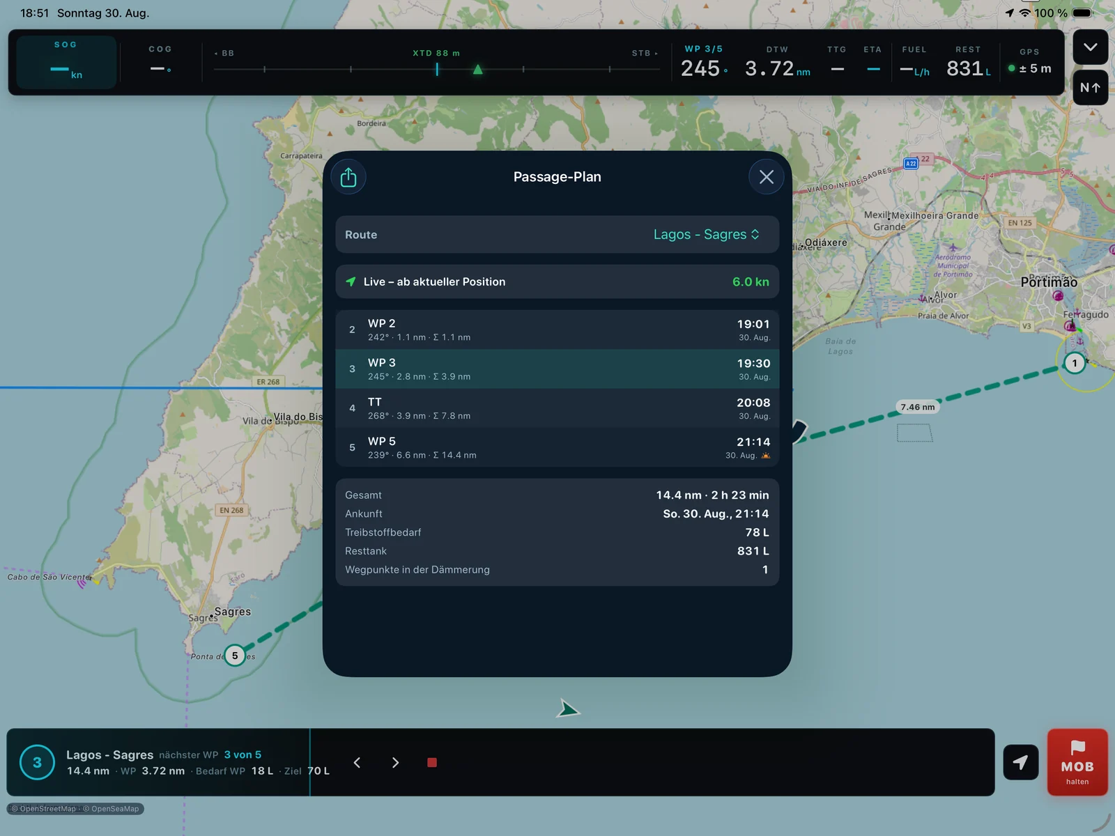 YachtNav passage plan for the Lagos – Sagres route: ETA per waypoint, twilight marker, fuel required and tank remaining