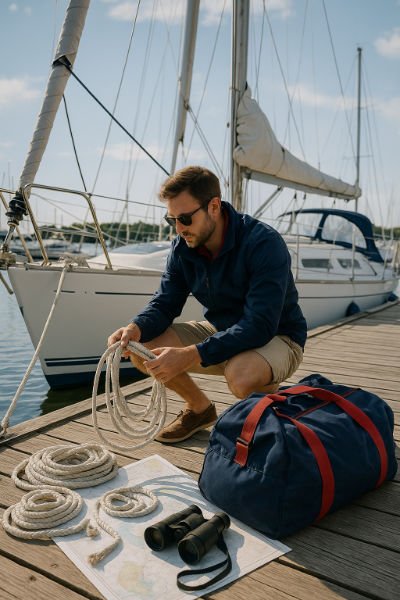 Skipper preparing lines and passage plan at the dock